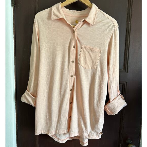 CARHARTT | Women's Jersey PInk Button Down Shirt with Roll up Sleeves | Sz Large - Picture 1 of 5